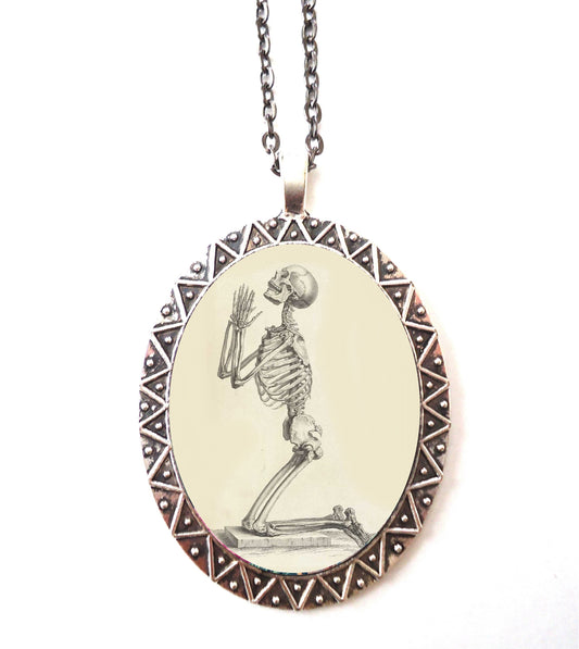 Skeleton Praying Necklace Pendant Silver Tone - Goth Gothic Dark Art Antique Image