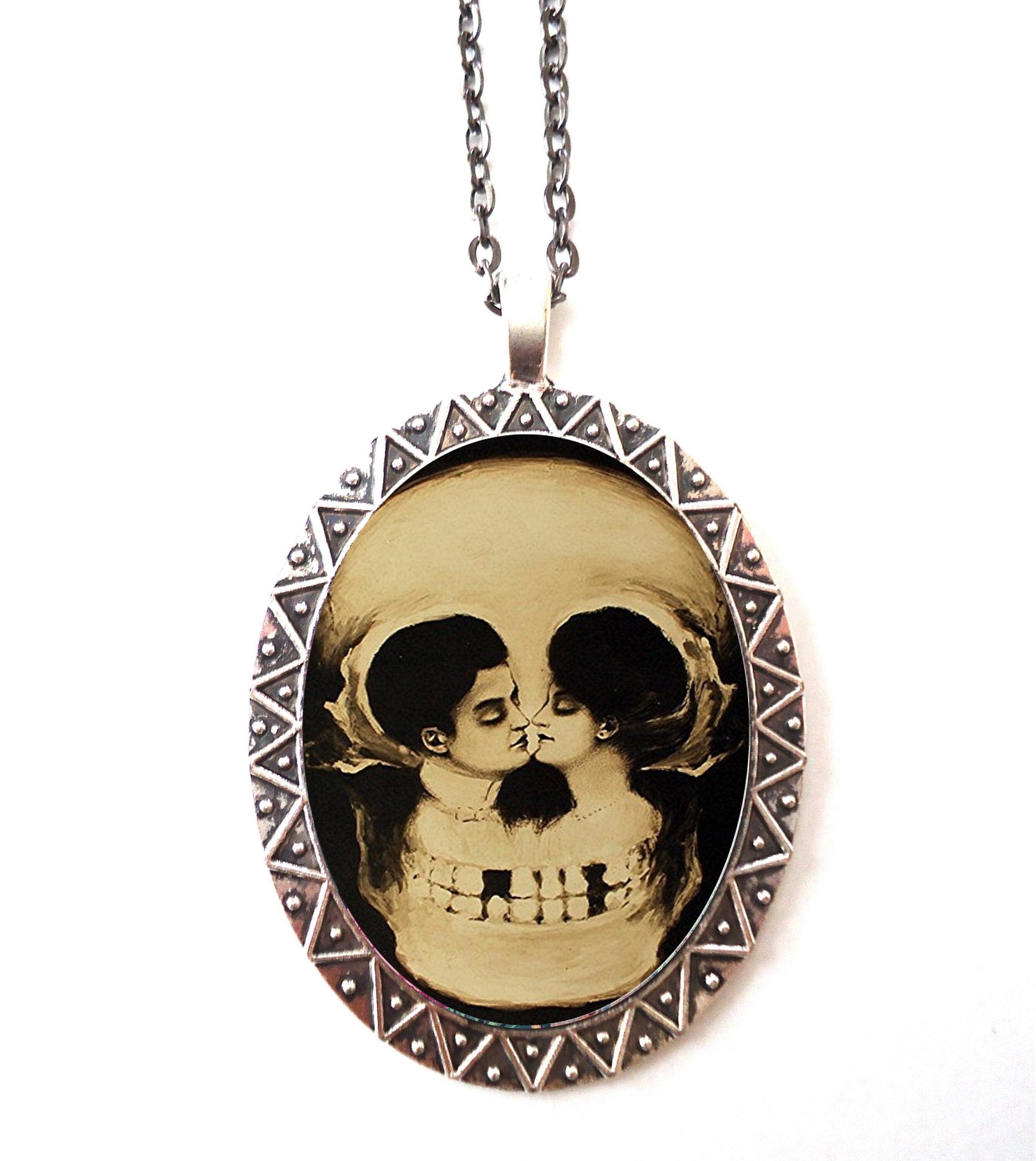 Skull Optical Illusion Necklace Pendant Silver Tone - Metamorphic Goth Gothic Victorian Dark Art Romance