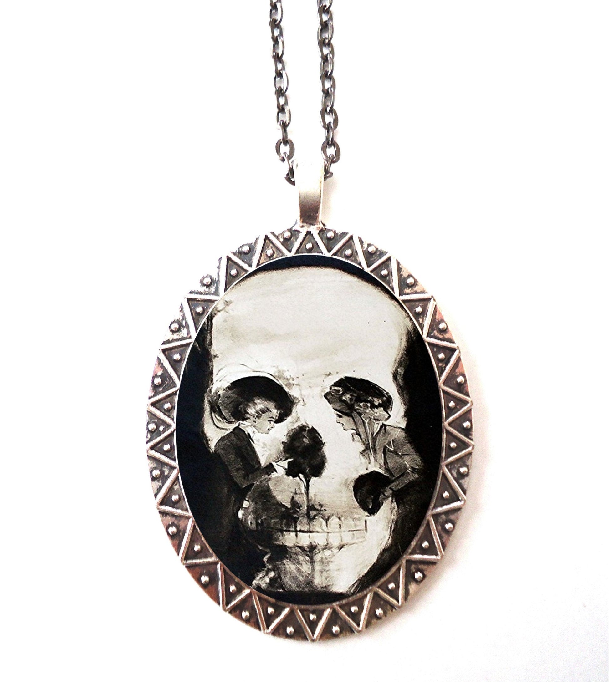 Skull Optical Illusion Necklace Pendant Silver Tone - Metamorphic Goth Gothic Victorian Dark Art Two Women