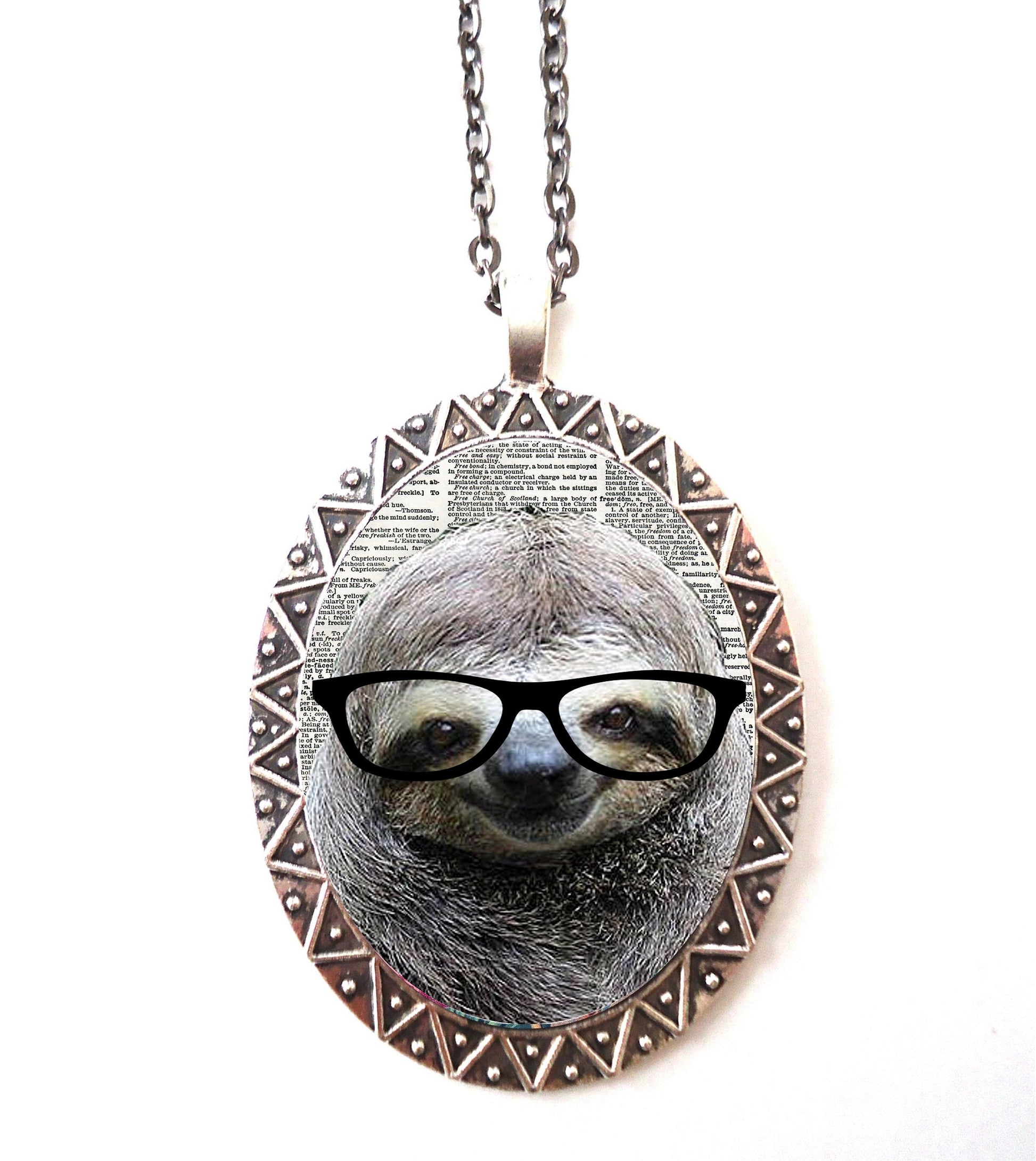 Sloth Nerd Necklace Pendant Silver Tone - Animal Pop Art Anthropomorphic Quirky