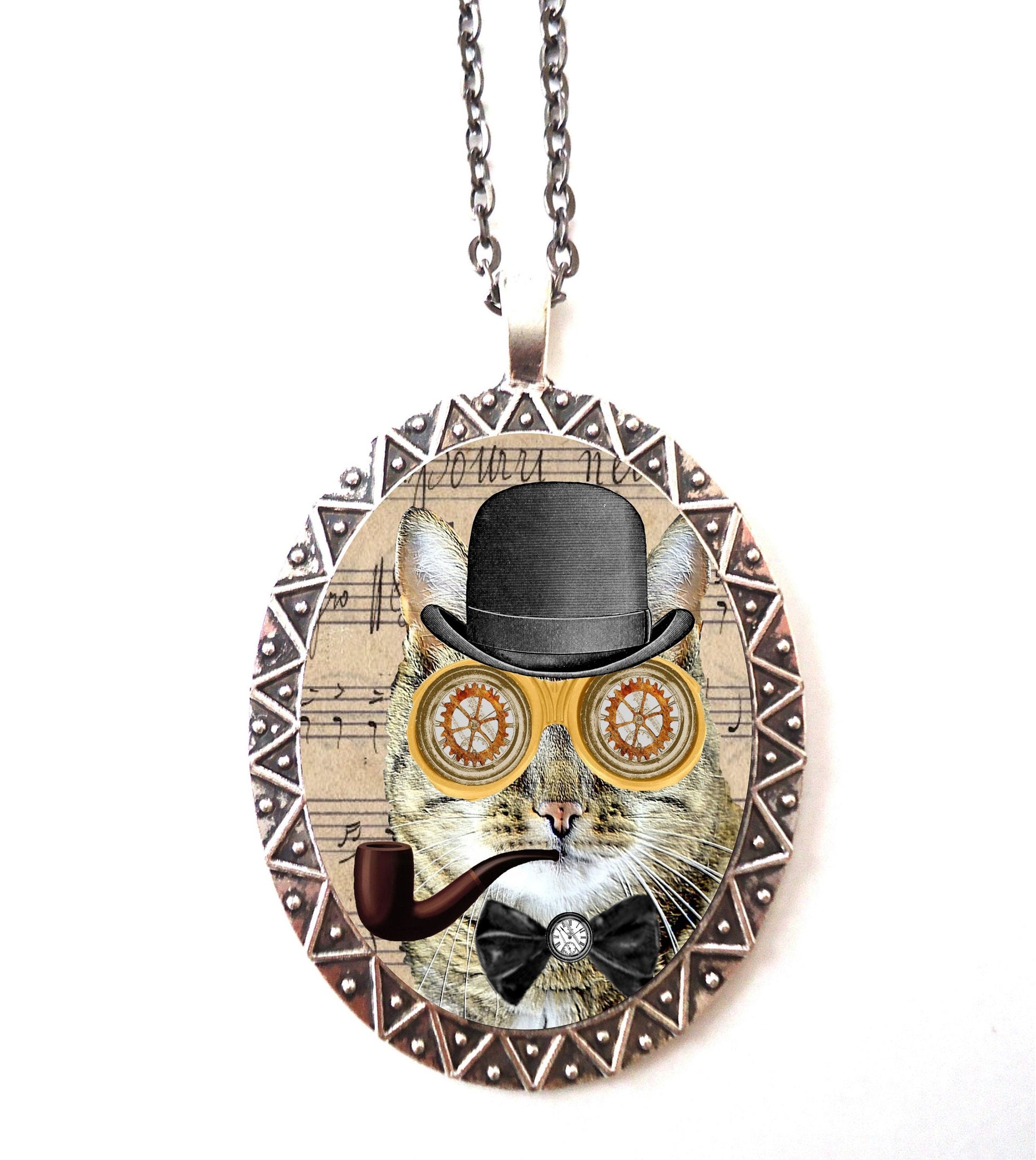 Victorian Steampunk Cat Necklace Pendant Silver Tone - Altered Art Anthropomorphic Animal Pop Art