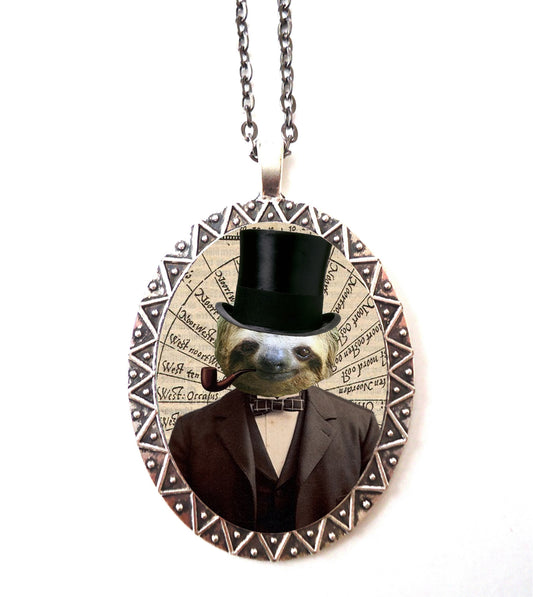 Victorian Steampunk Sloth Necklace Pendant Silver Tone - Altered Art Anthropomorphic Animal Pop Art