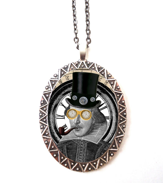 Victorian Steampunk William Shakespeare Necklace Pendant Silver Tone - Altered Art Pop Surrealism