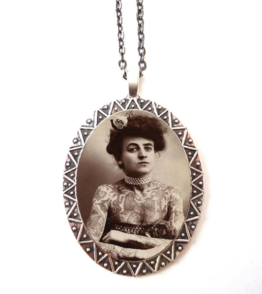 Tattooed Lady Necklace Pendant Silver Tone - Tattoo Woman Sideshow Circus Freak