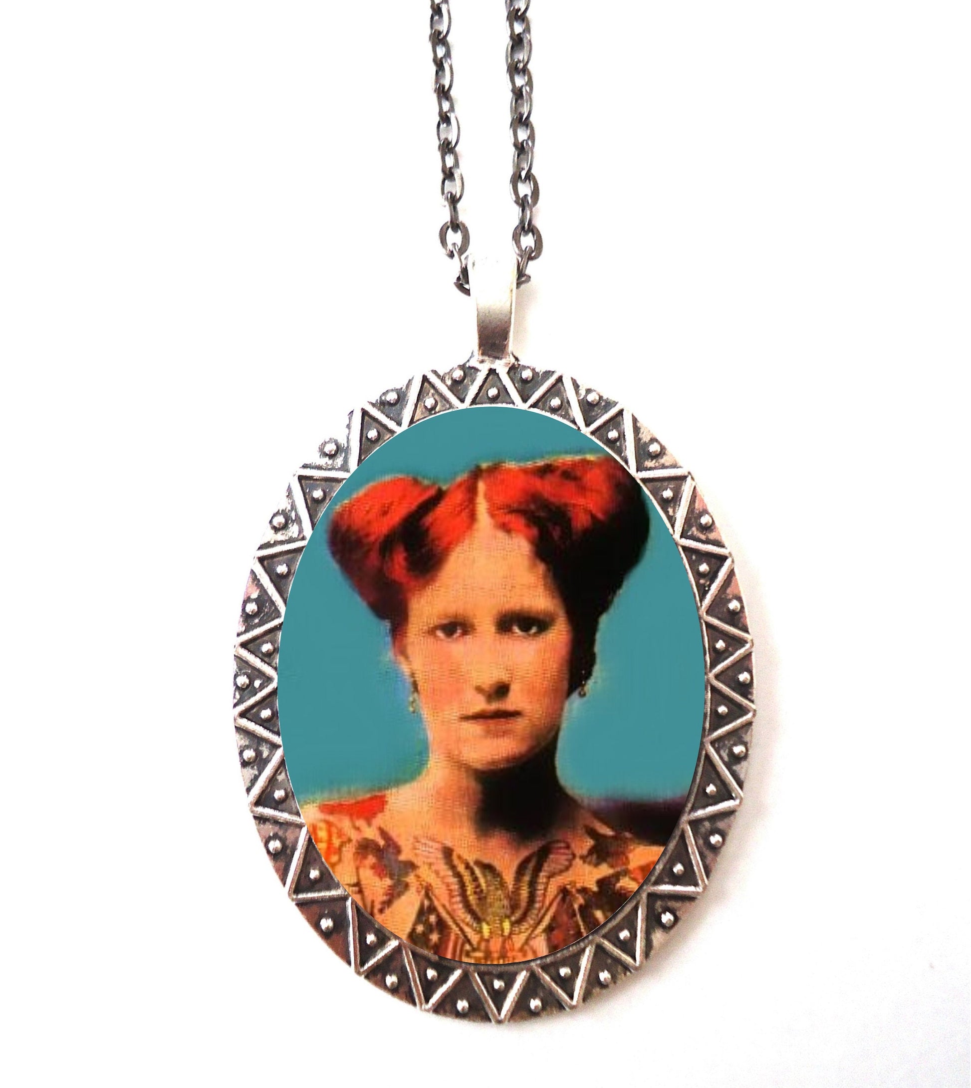 Tattooed Lady Necklace Pendant Silver Tone - Tattoo Woman Sideshow Circus Freak Color