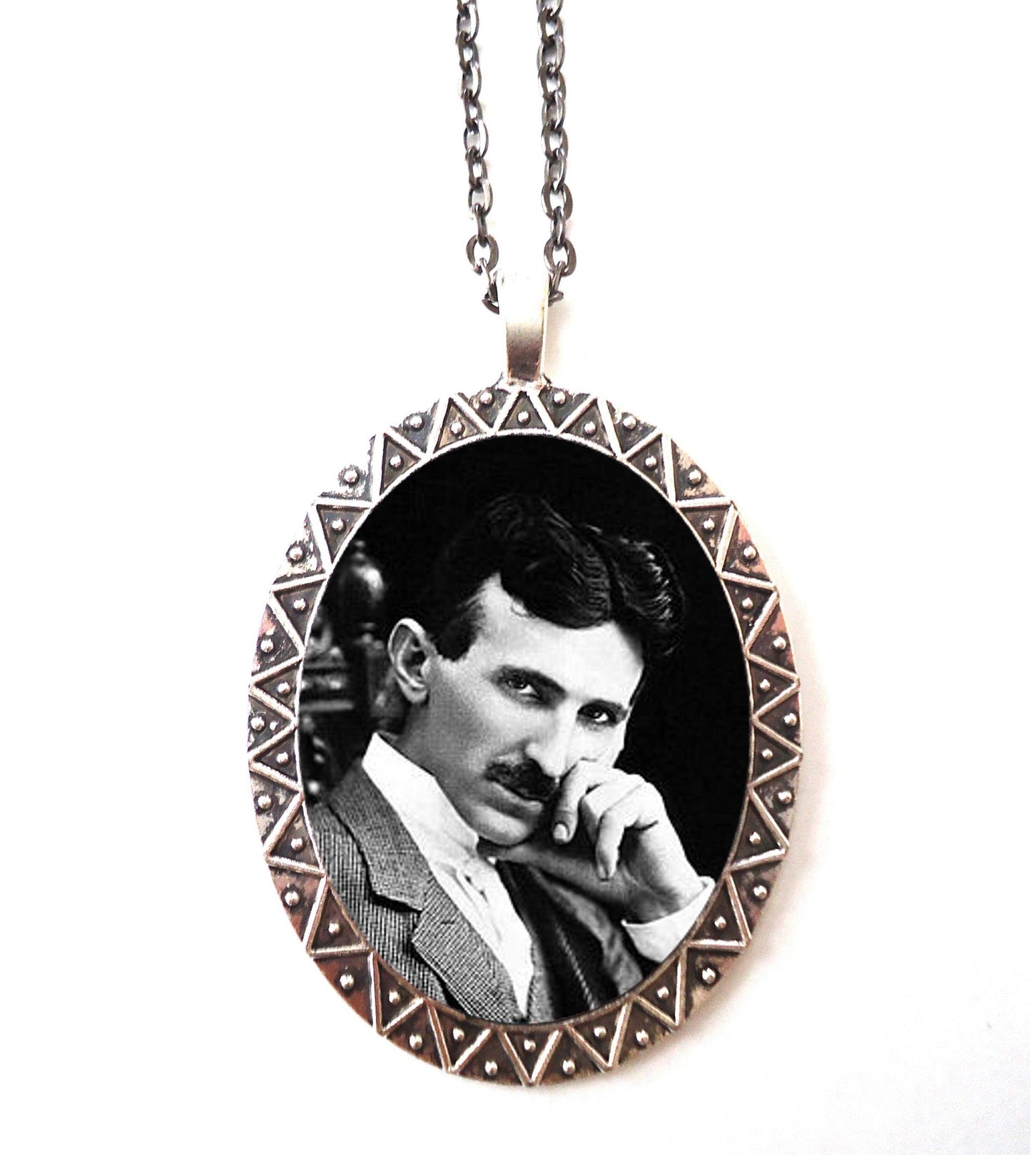 Tesla Necklace Pendant Silver Tone - Genius Scientist Portrait Science