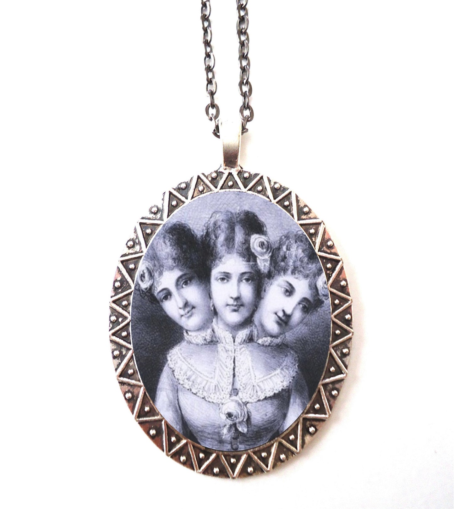 Three Headed Woman Necklace Pendant Silver Tone - Siamese Conjoined Twins Circus Sideshow Victorian