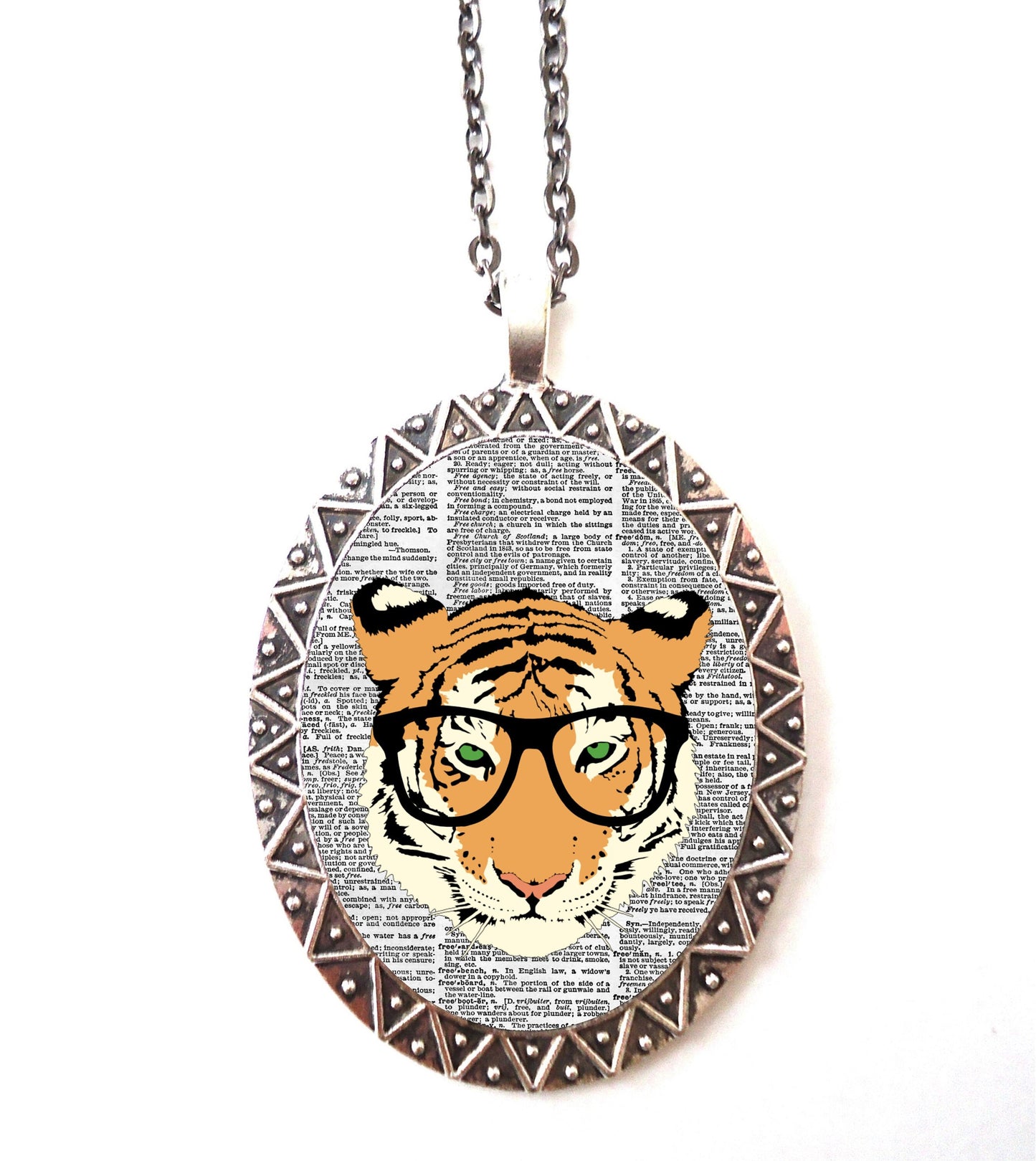 Tiger Nerd Necklace Pendant Silver Tone - Anthropomorphic Animal Pop Art Quirky