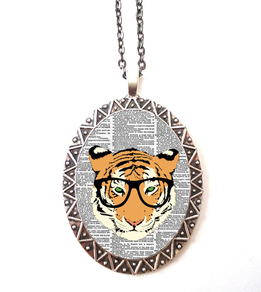 Tiger Nerd Necklace Pendant Silver Tone - Anthropomorphic Animal Pop Art Quirky