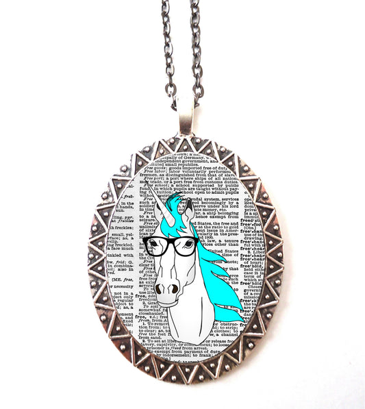 Unicorn Nerd Necklace Pendant Silver Tone - Anthropomorphic Animal Pop Art