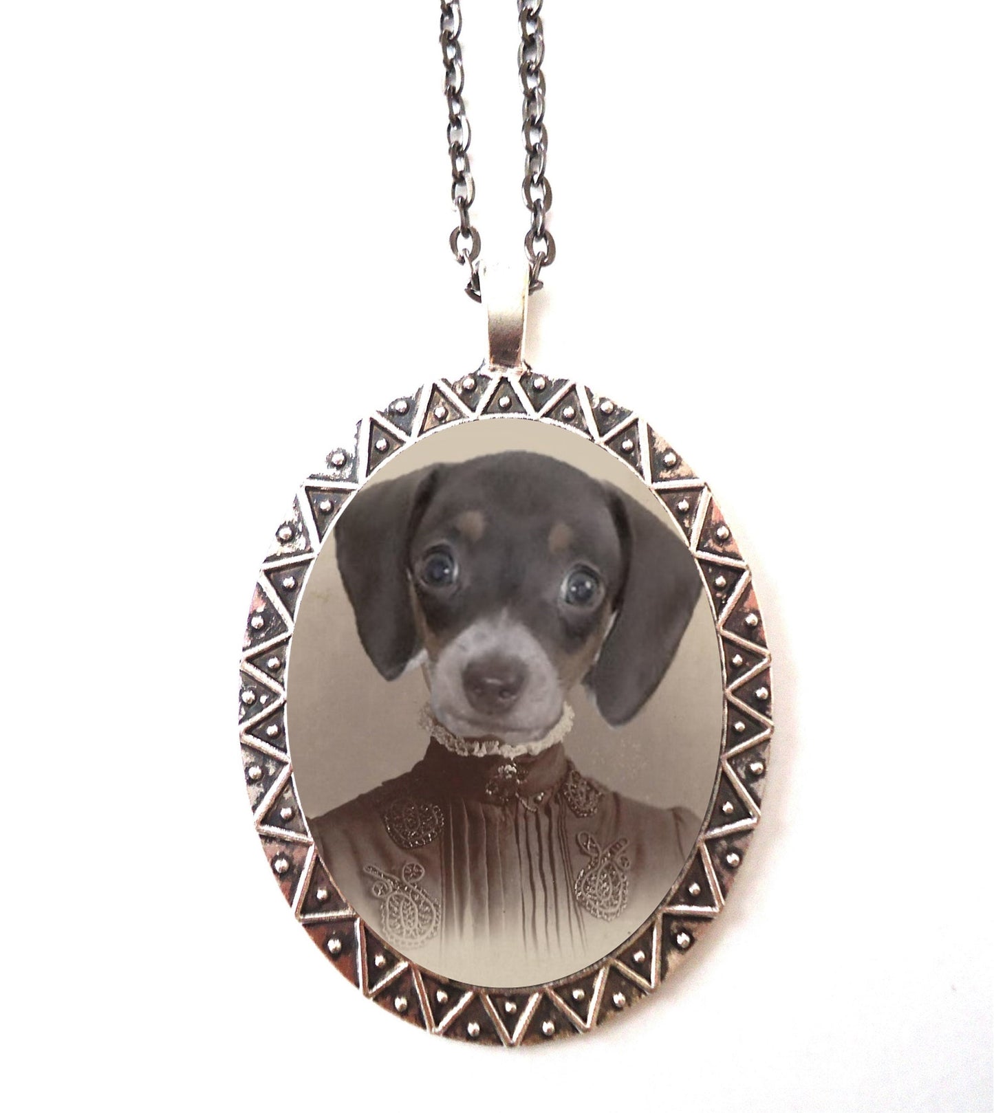 Victorian Dachshund Necklace Pendant Silver Tone - Anthropomorphic Animal Pop Art Wiener Dog