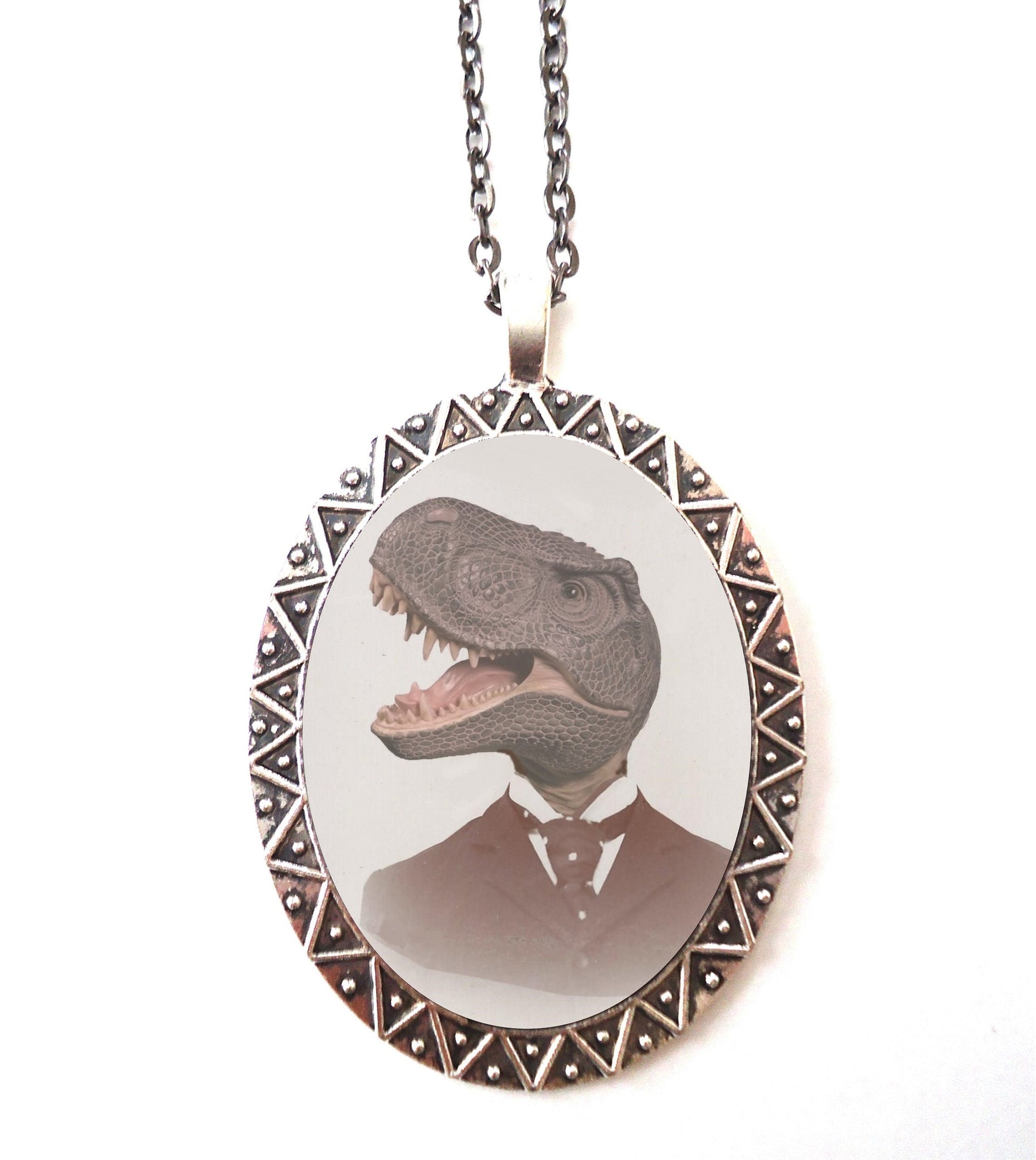 Victorian T-Rex Necklace Pendant Silver Tone - Anthropomorphic Animal Pop Art Dinosaur