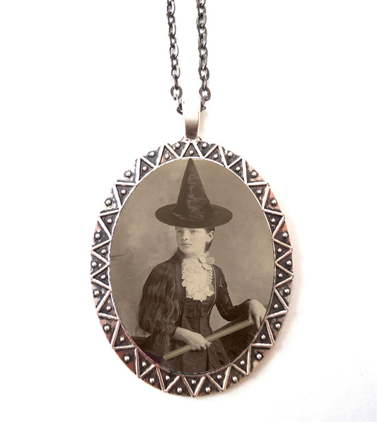 Victorian Witch Necklace Pendant Silver Tone - Vintage Halloween Altered Art Photo Witchcraft