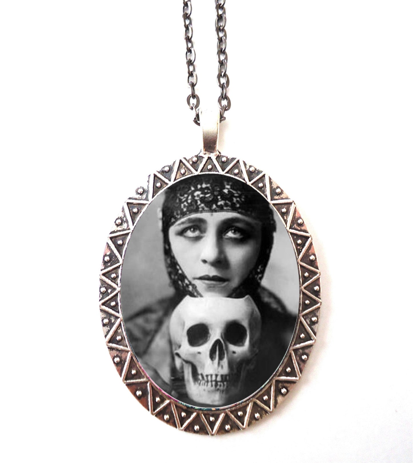 Art Deco Skull Woman Necklace Pendant Silver Tone - Goth Gothic Flapper 1920s Jazz Age Vamp