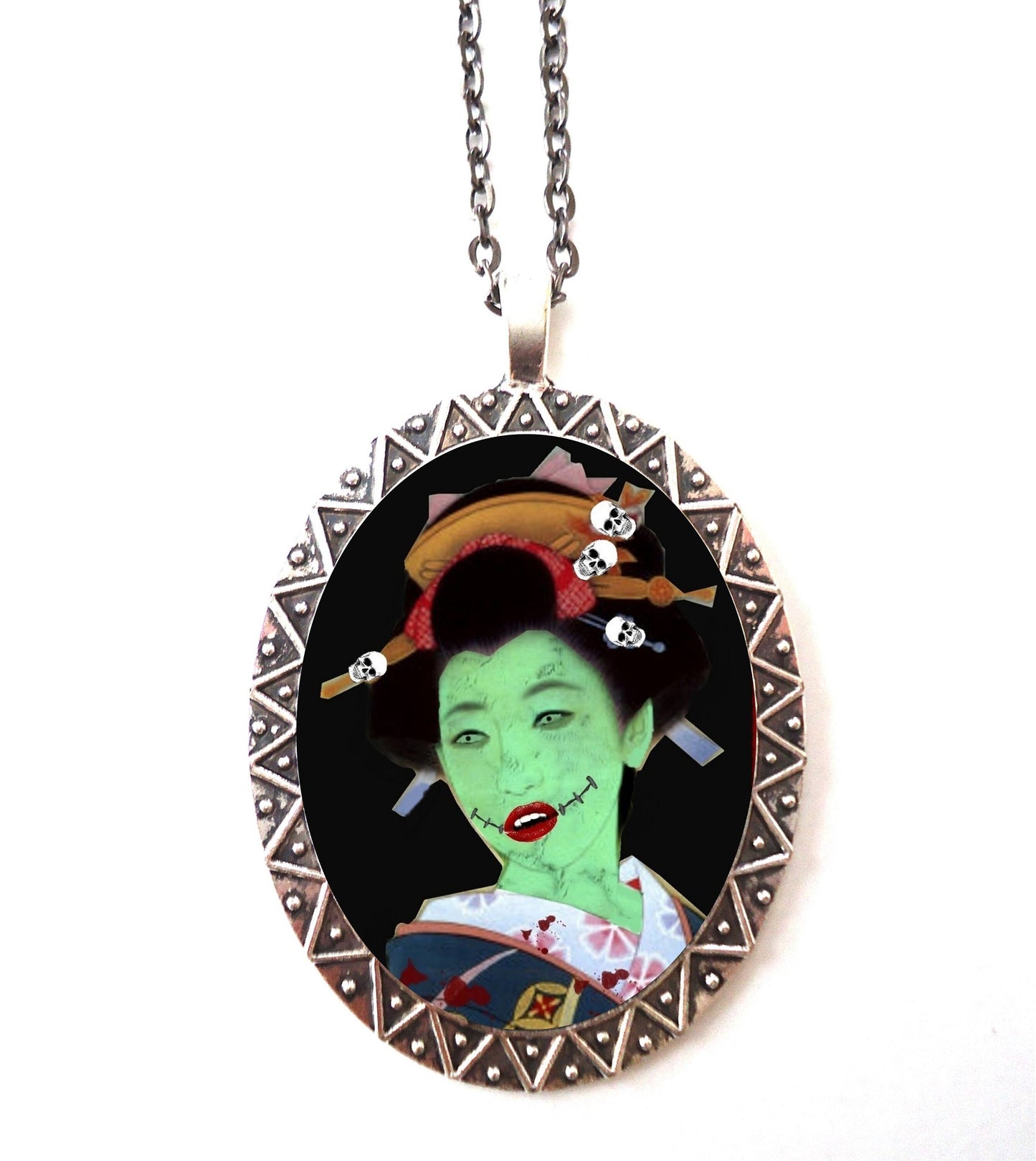 Zombie Geisha Necklace Pendant Silver Tone - Japanese Japan Goth Horror Dark Art Gothic