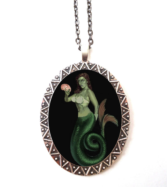 Zombie Mermaid Necklace Pendant Silver Tone - Pin Up Girl Pinup Goth Horror Dark Art Gothic