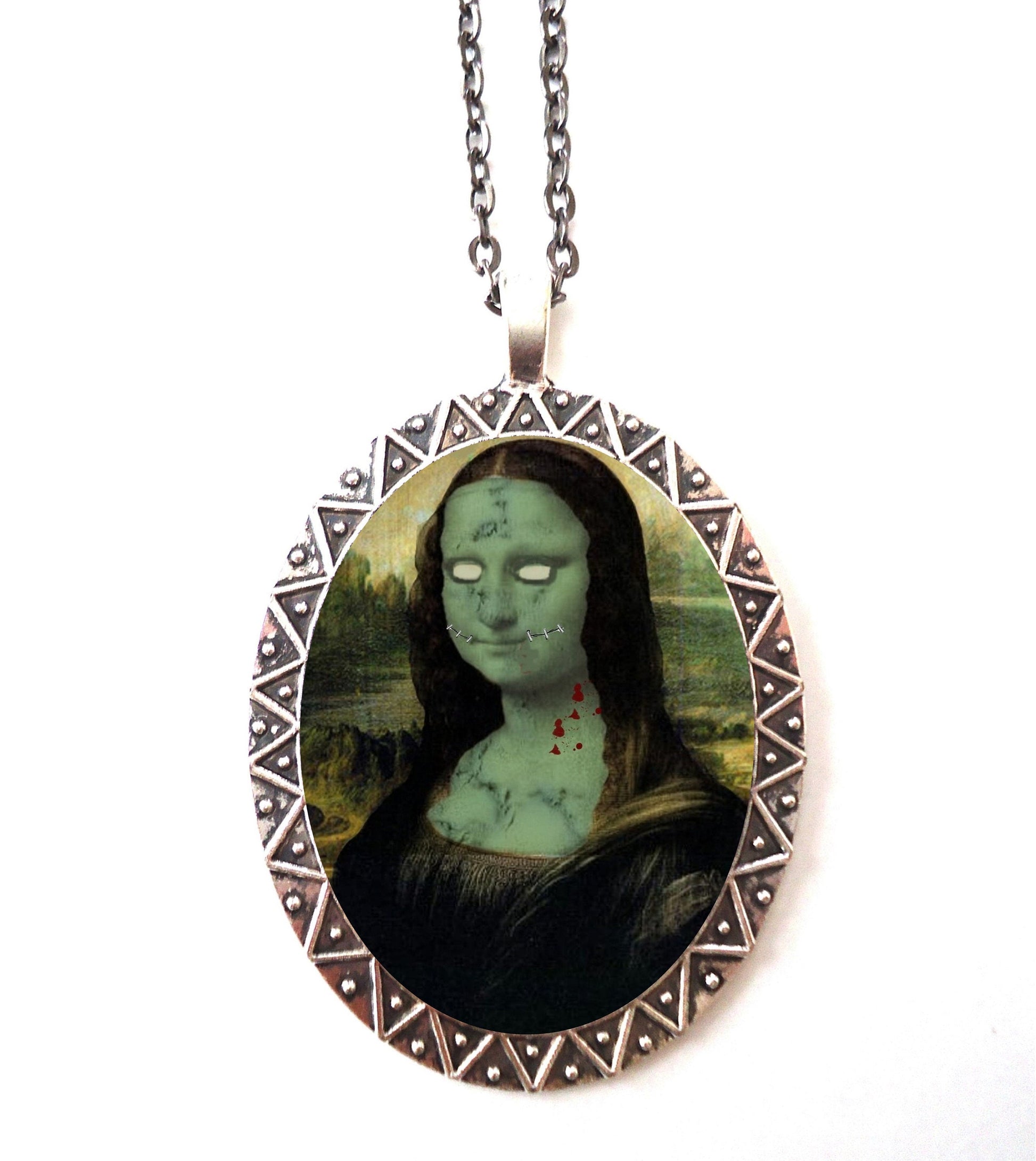 Zombie Mona Lisa Necklace Pendant Silver Tone - Goth Horror Dark Art Gothic Pop Surrealism Leonardo Da Vinci