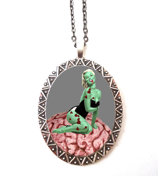 Zombie Pinup Girl Necklace Pendant Silver Tone - Goth Horror Dark Art Gothic Pin Up Retro on Brain