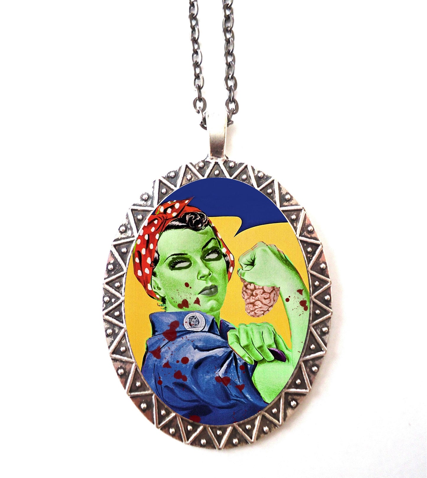 Zombie Rosie the Riveter Necklace Pendant Silver Tone - Goth Horror Dark Art Gothic Feminist Icon Lowbrow Feminism