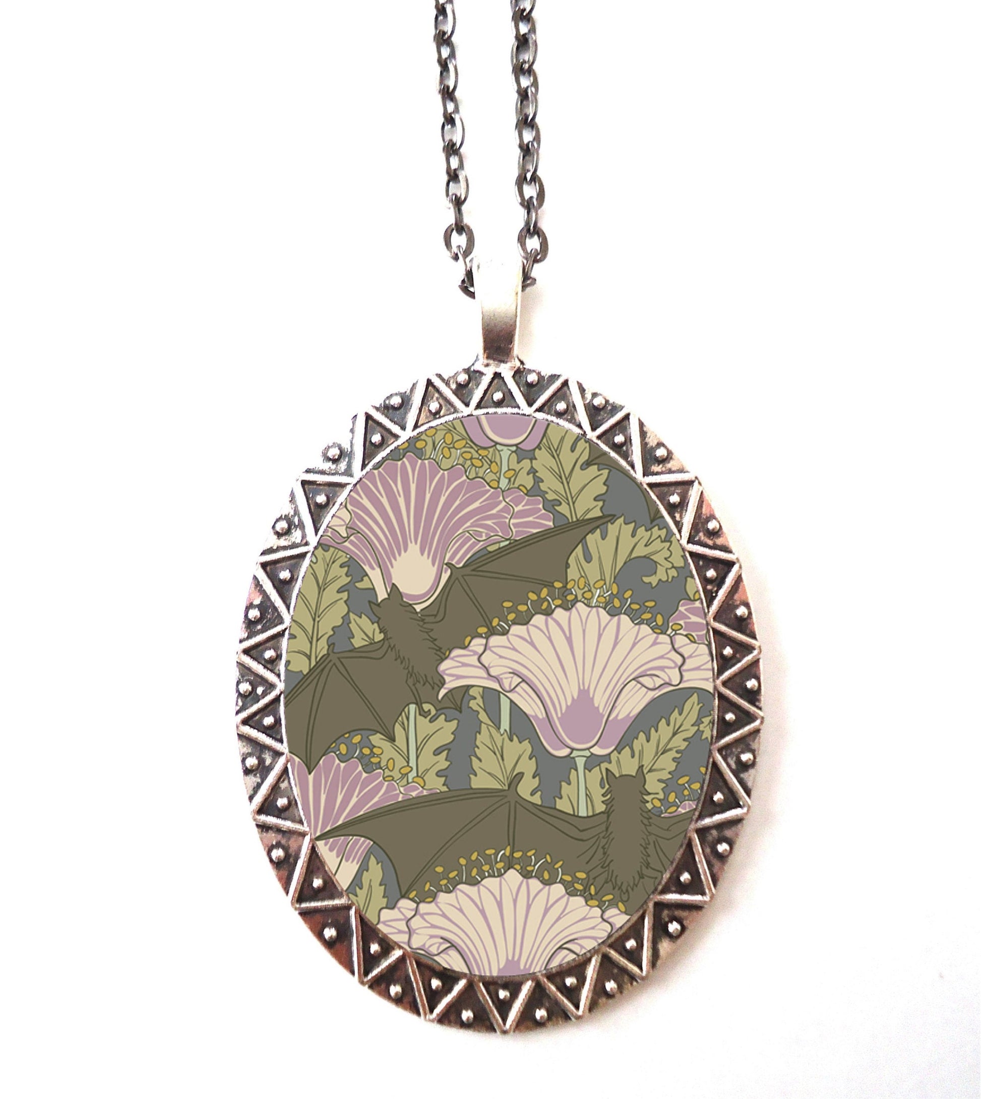 Bat and Poppies Necklace Pendant Silver Tone - Art Nouveau Poppy Flower Floral Flowers Bats