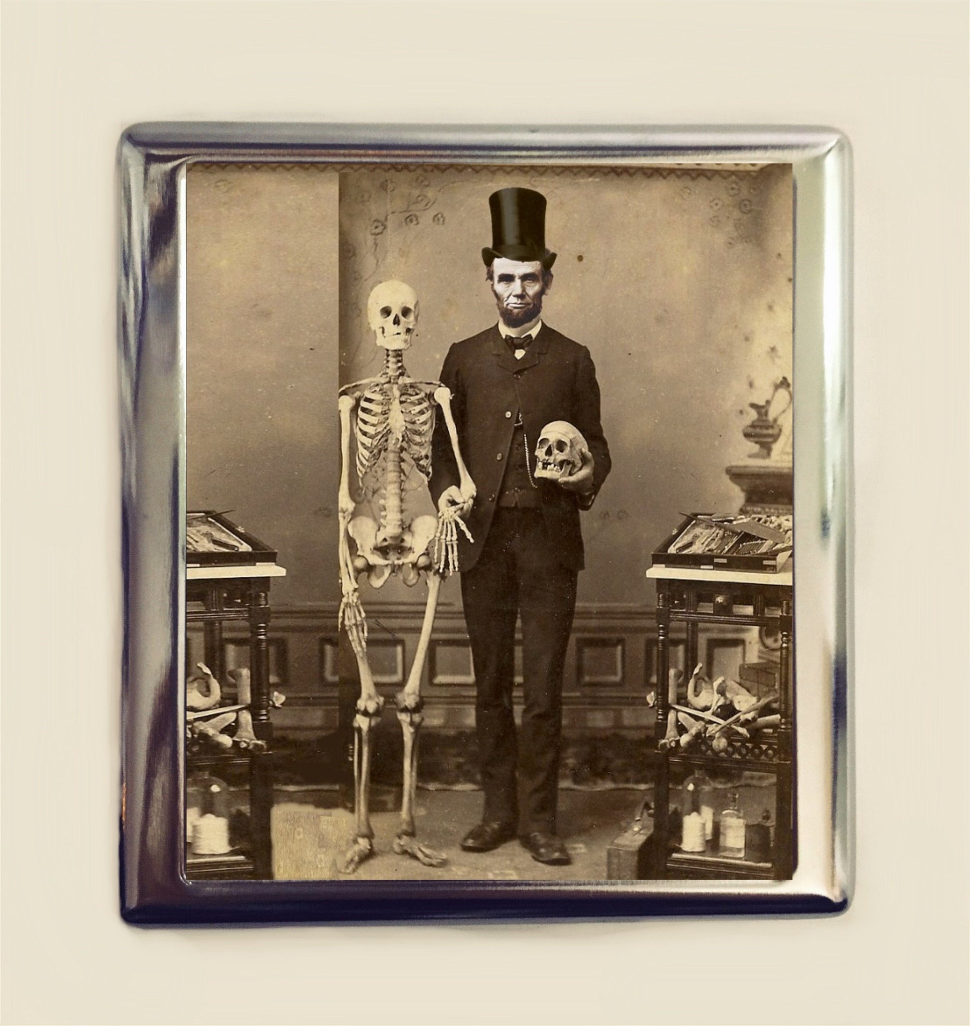 Abraham Lincoln Skeleton Cigarette Case Business Card ID Holder Wallet Surreal Surrealism Pop Altered Art Victorian Dark Art Goth