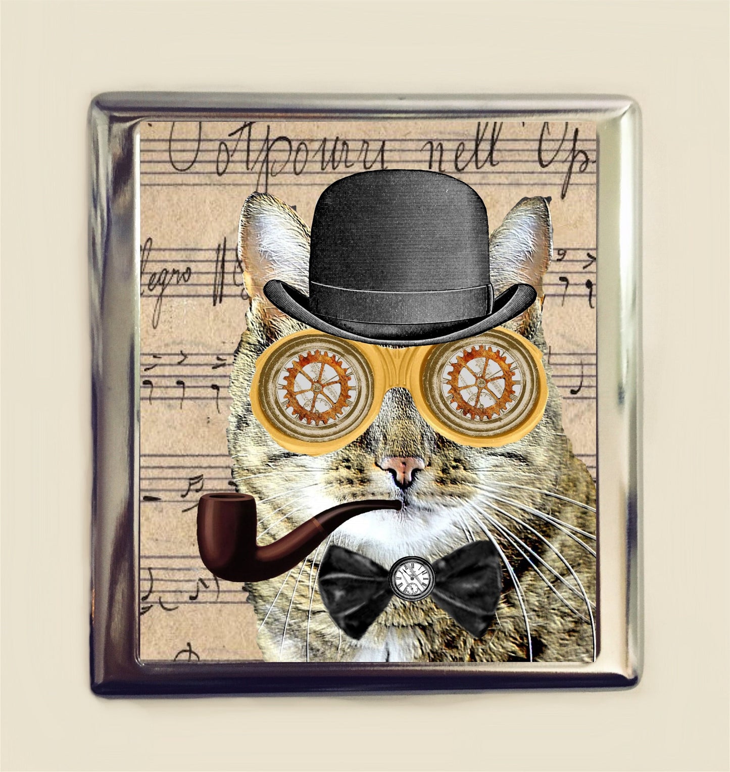 Steampunk Cat Cigarette Case Business Card ID Holder Wallet Victorian Animal Art Anthropomorphic Pop