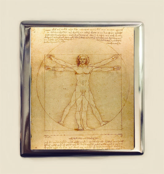 Vitruvian Man Cigarette Case Business Card ID Holder Wallet Leonardo Da Vinci Fine Art