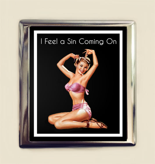 I Feel a Sin Coming On Cigarette Case Business Card ID Holder Wallet Pinup Girl Pin Up Funny Retro Humor Bad Girl