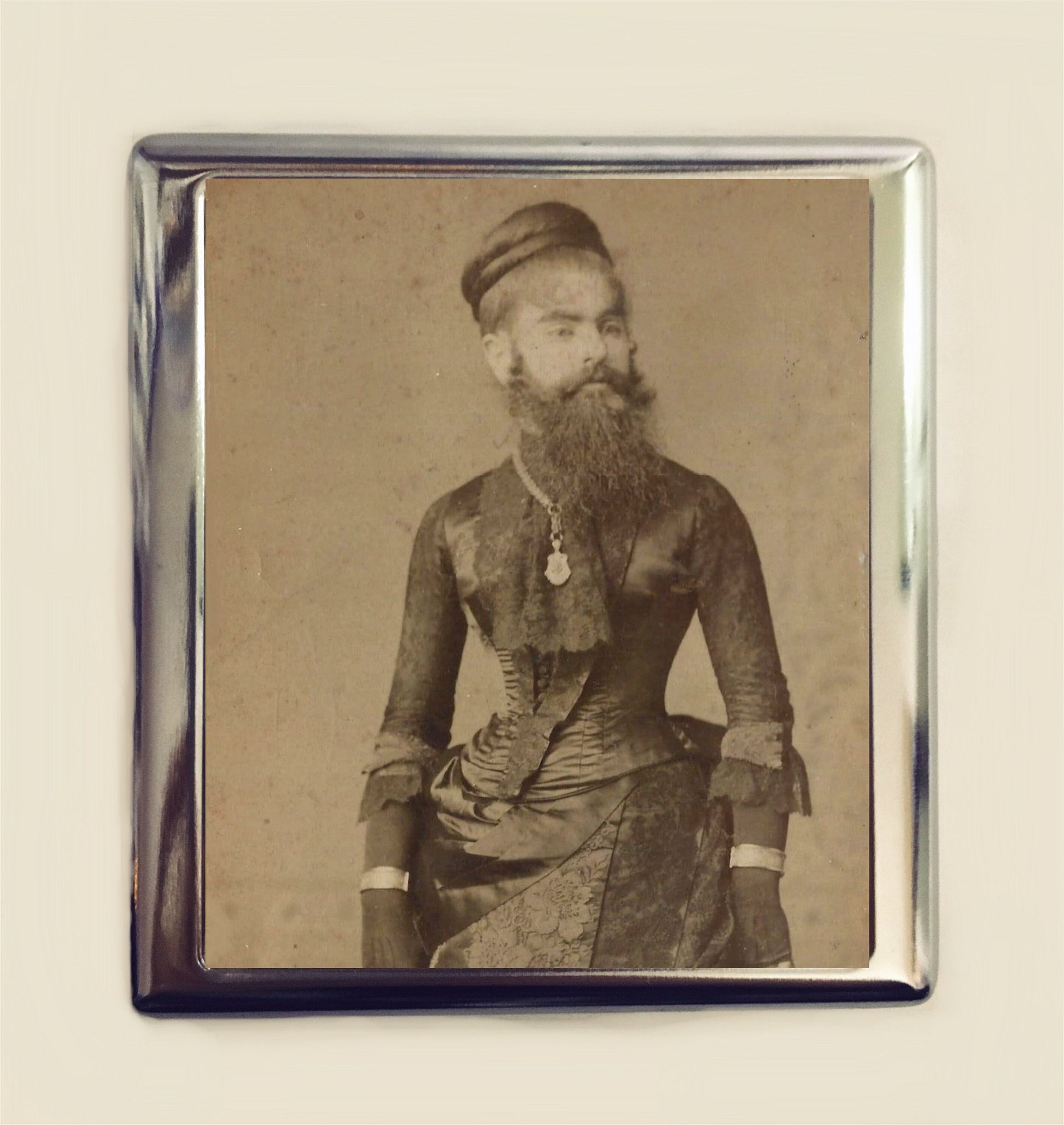 Bearded Lady Cigarette Case Business Card ID Holder Wallet Sideshow Circus Freak Victorian Medical Oddity