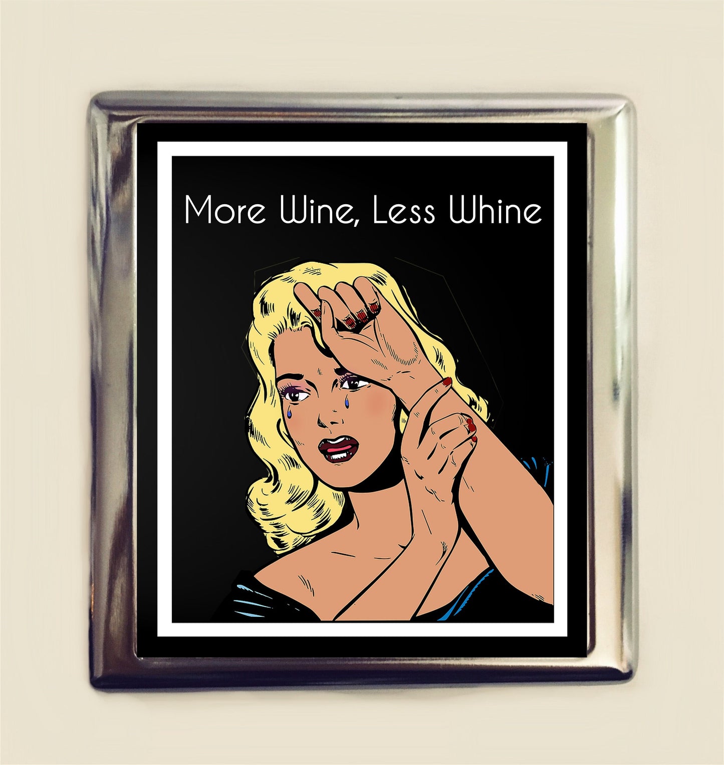 More Wine Less Whine Cigarette Case Business Card ID Holder Wallet Pinup Girl Pin Up Funny Retro Humor Drinking Alcohol Comic