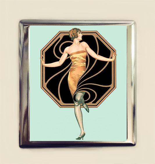 Flapper Cigarette Case Business Card ID Holder Wallet Art Deco 1920s Jazz Age Roaring 20s Light Blue