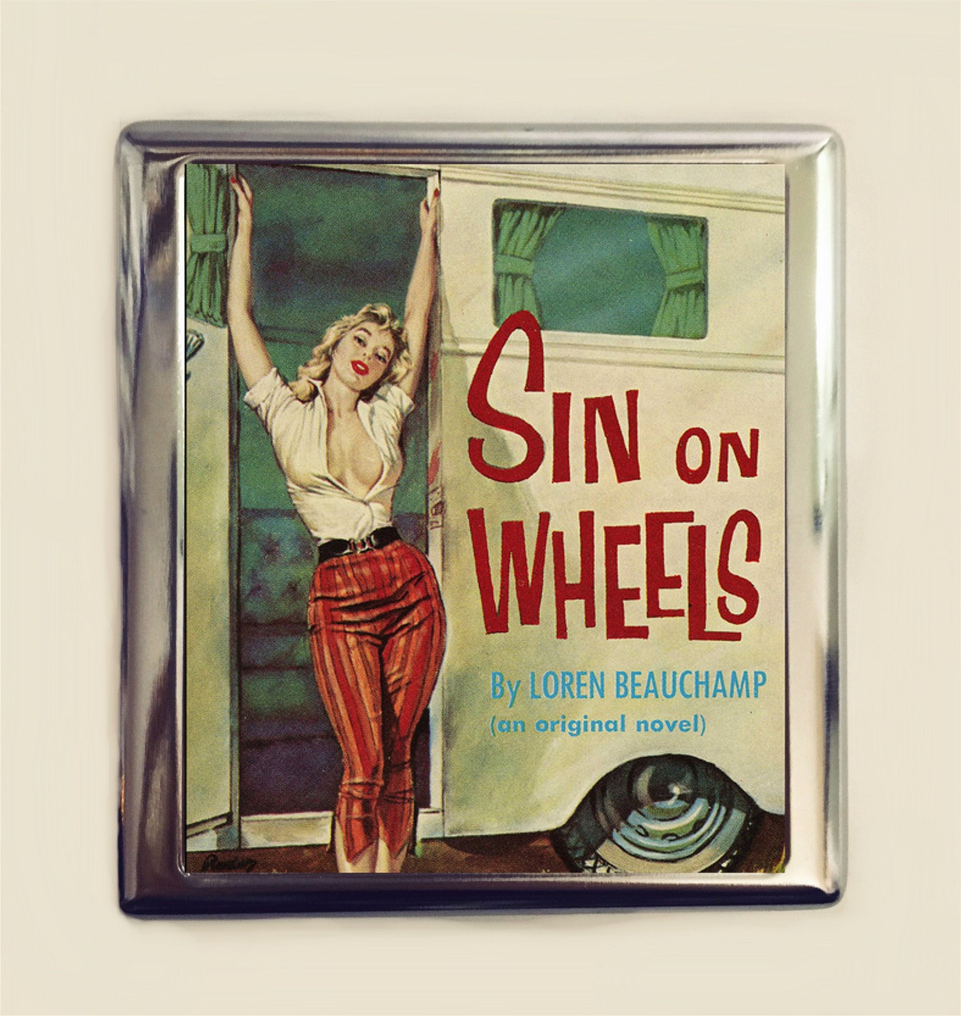 Sin on Wheels Cigarette Case Business Card ID Holder Wallet Pulp Traiiler Park Pin Up Girl Pinup Retro Paperback Art