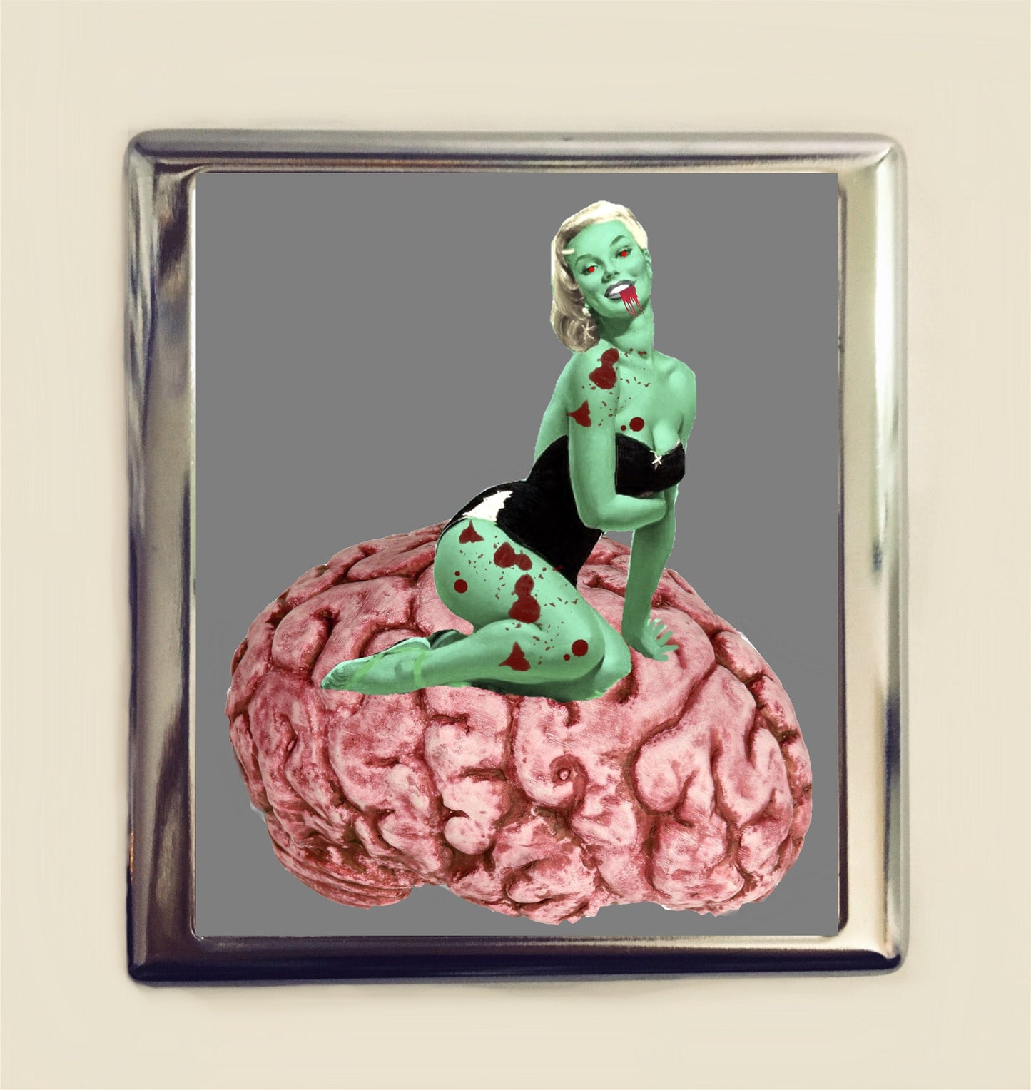 Zombie Pin Up Girl Cigarette Case Business Card ID Holder Wallet Pinup Horror Goth Brains Dark Art