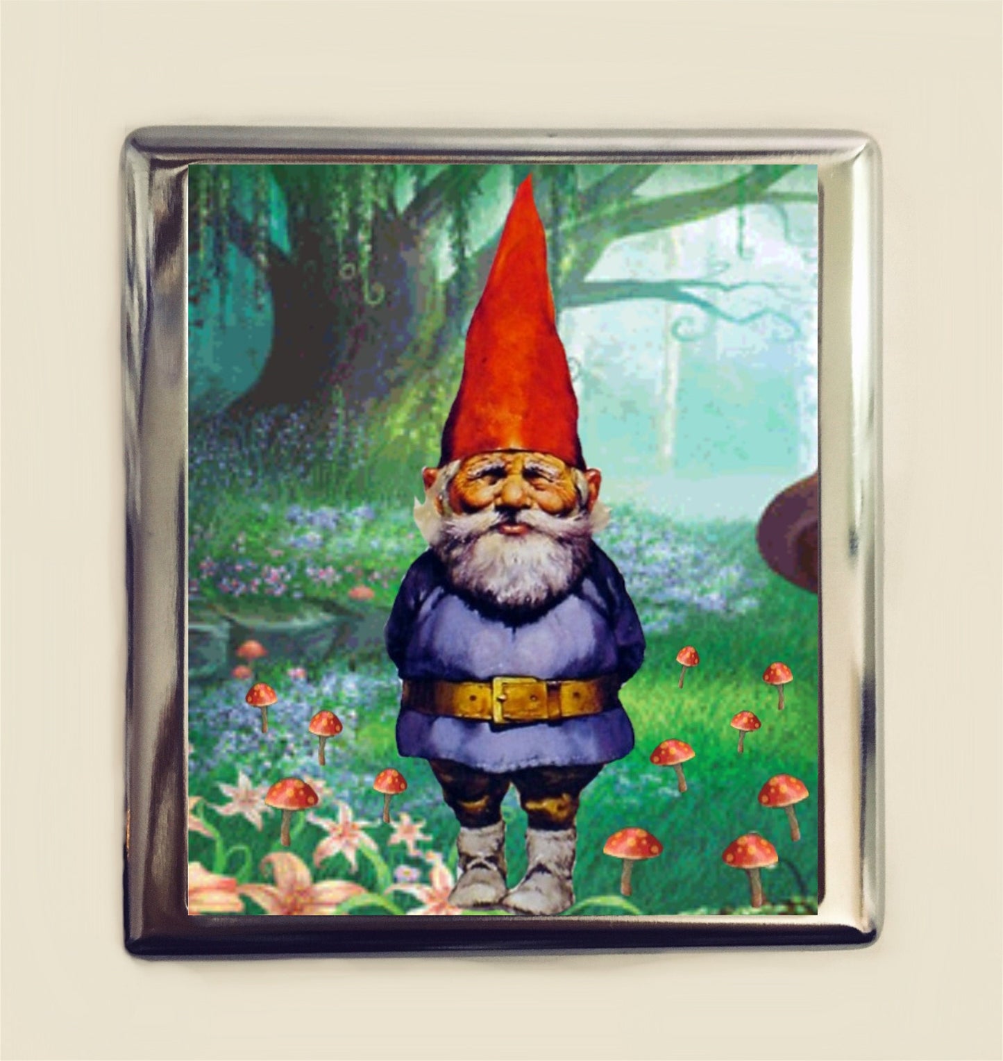 Garden Gnome Cigarette Case Business Card ID Holder Wallet Whimsical Lawn Ornament Retro Kitsch