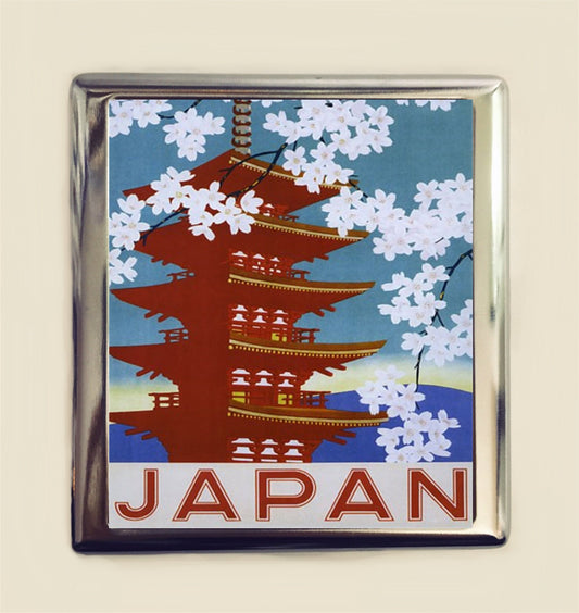 Japan Travel Poster Cigarette Case Business Card ID Holder Wallet Japanese Asian Art Pagoda Cherry Blossoms