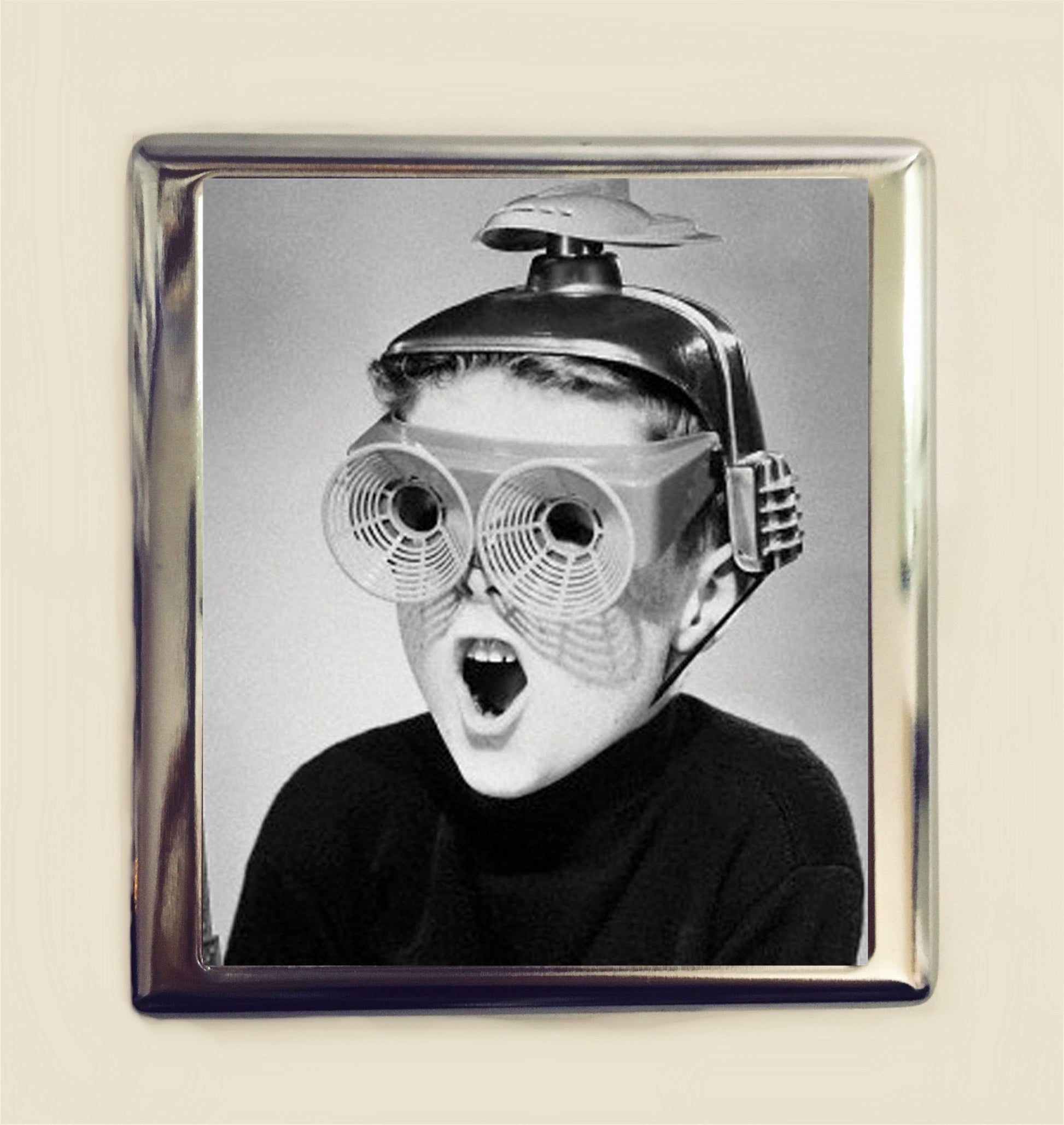 Retro Space Boy Cigarette Case Business Card ID Holder Wallet 1950's Kitsch Sci Fi Glasses