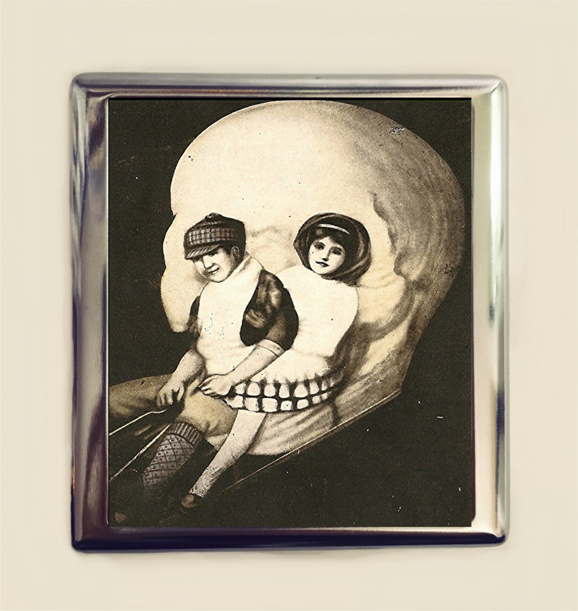 Skull Optical Illusion Cigarette Case Business Card ID Holder Wallet Metamorphic Dark Art Goth Victorian Kids on Sled