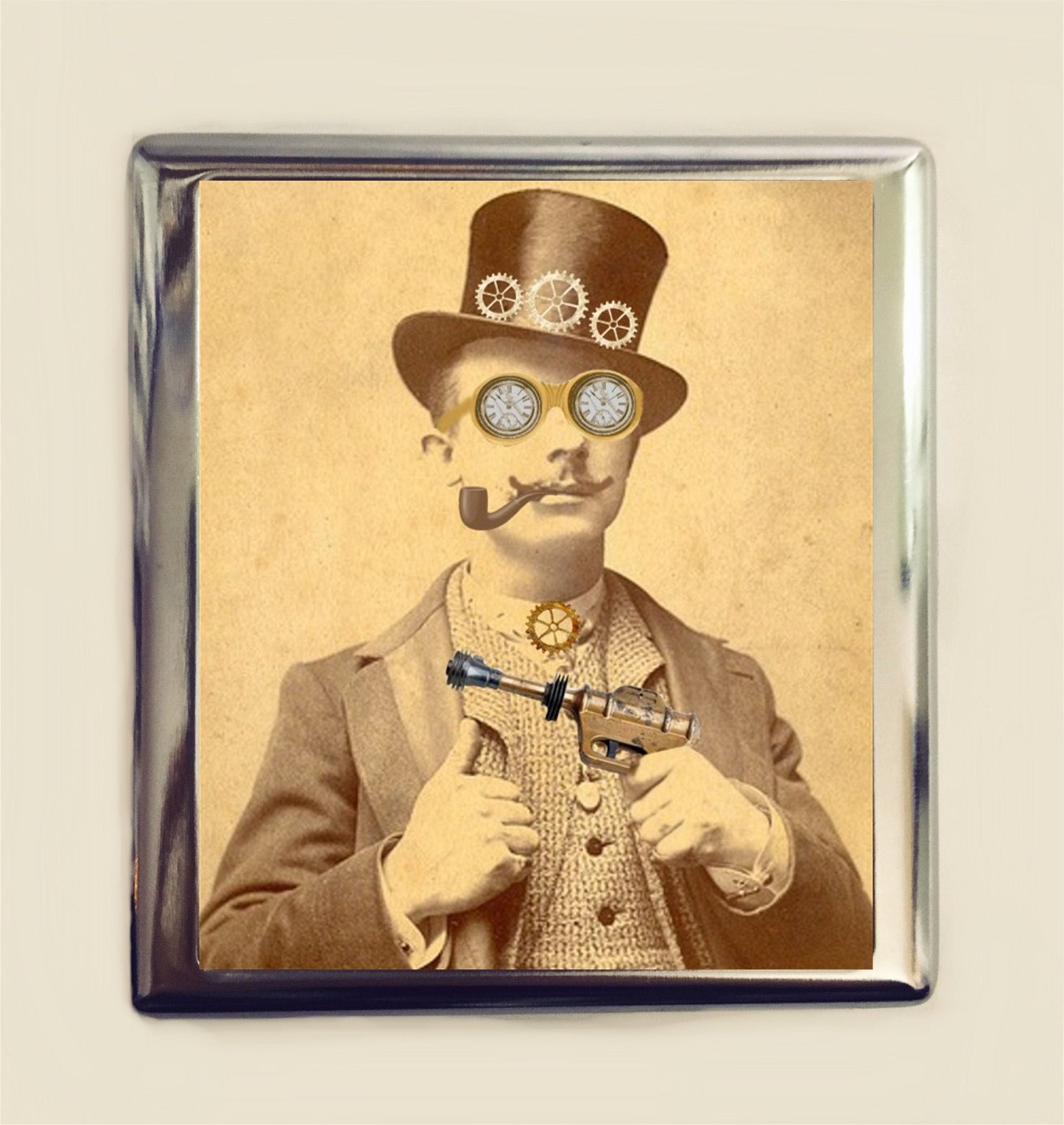 Victorian Steampunk Man Cigarette Case Business Card ID Holder Wallet Altered Art Ray Gun Goggles Antique Photography