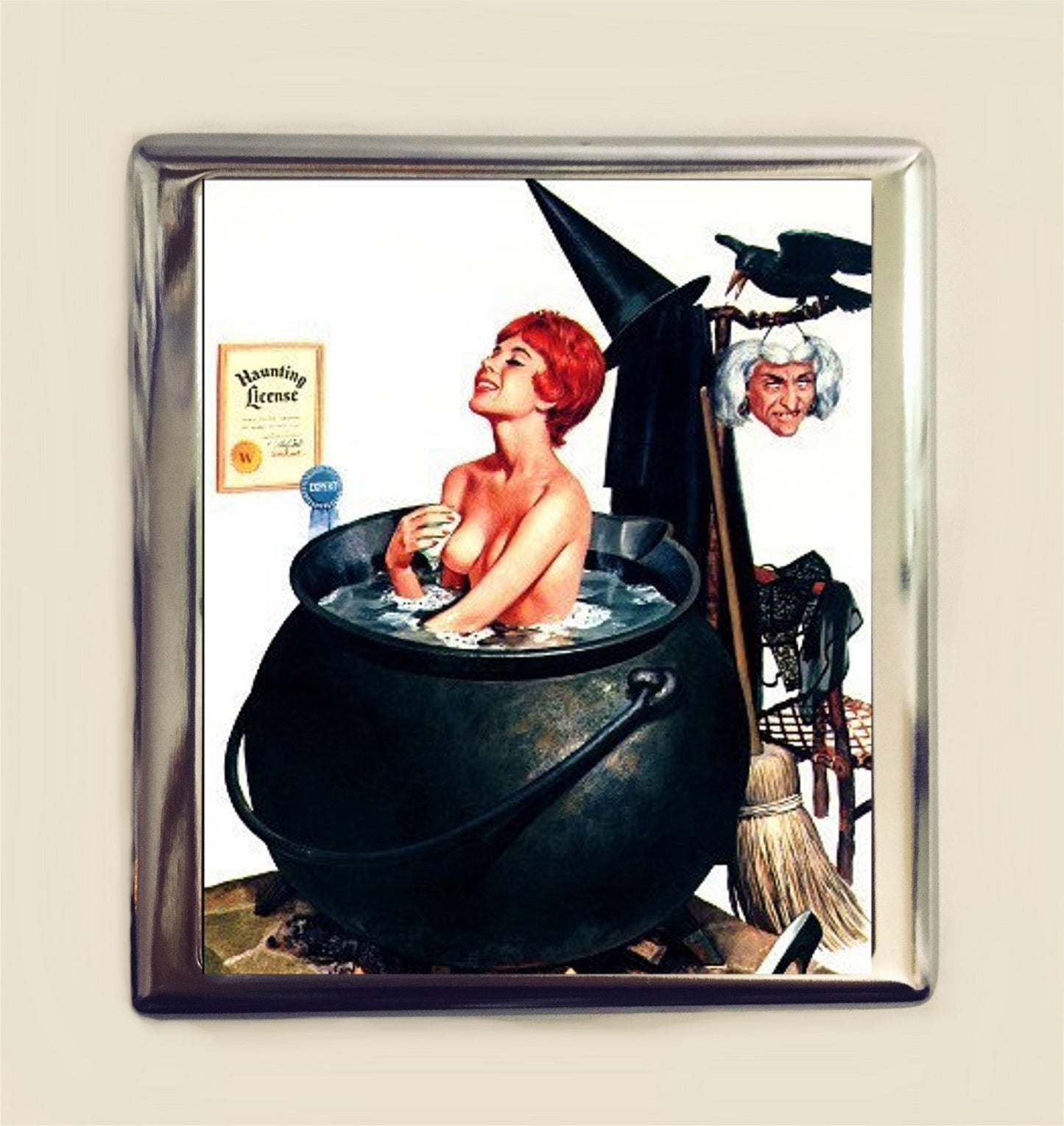 Witch Cauldron Cigarette Case Business Card ID Holder Wallet Retro Bathing Beauty Witchcraft Halloween