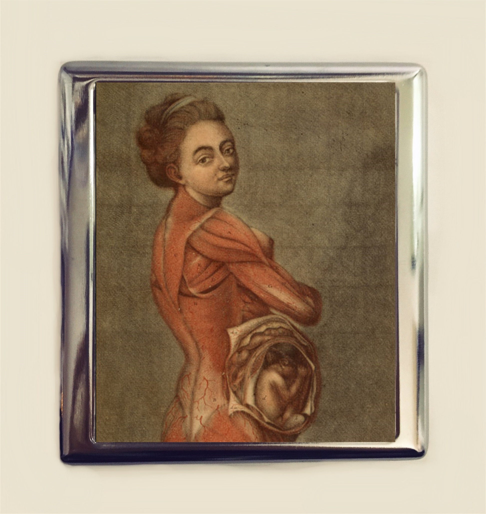 Anatomy Pregnant Woman Cigarette Case Business Card ID Holder Wallet Anatomical Medical Antique Image Oddity