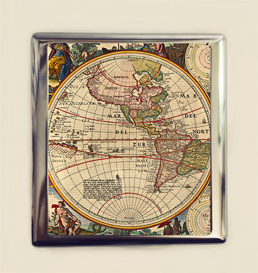 Antique Map Cigarette Case Business Card ID Holder Wallet North South America Geography