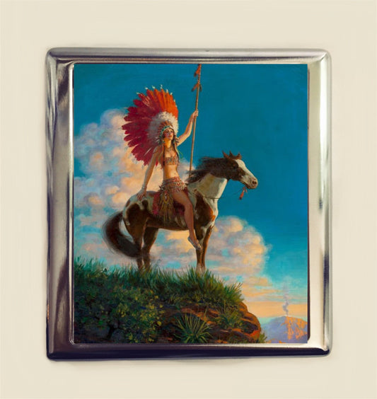 Art Deco Native American Cigarette Case Business Card ID Holder Wallet Indian Woman on Horse 1920s