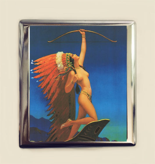 Art Deco Native American Cigarette Case Business Card ID Holder Wallet Indian Woman Bow & Arrow 1920s