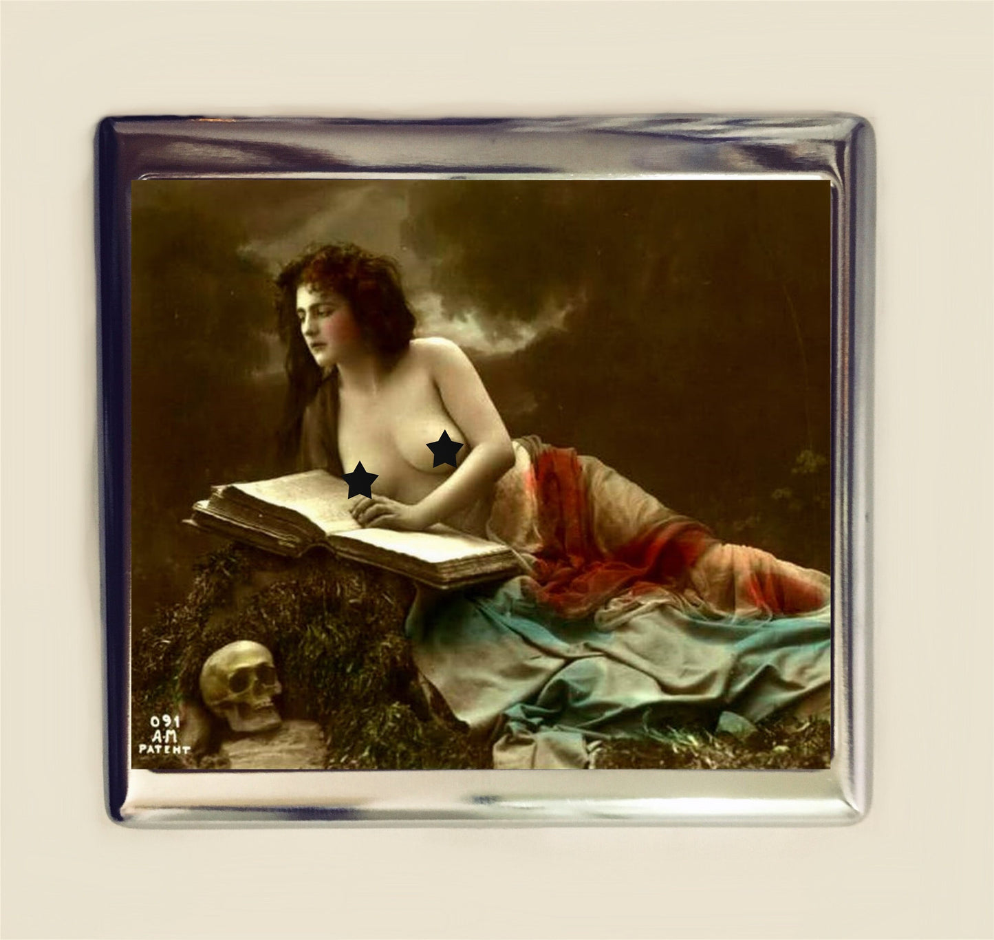 Art Nouveau Skull Woman Cigarette Case Business Card ID Holder Wallet Nudity Deco Goth Macabre Reading MATURE