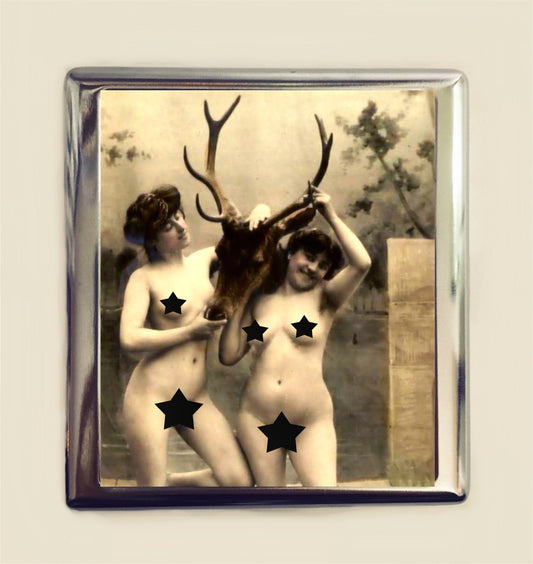 Art Nouveau Taxidermy Cigarette Case Business Card ID Holder Wallet Deer Head Nude Nudes Risque Stag Buck MATURE