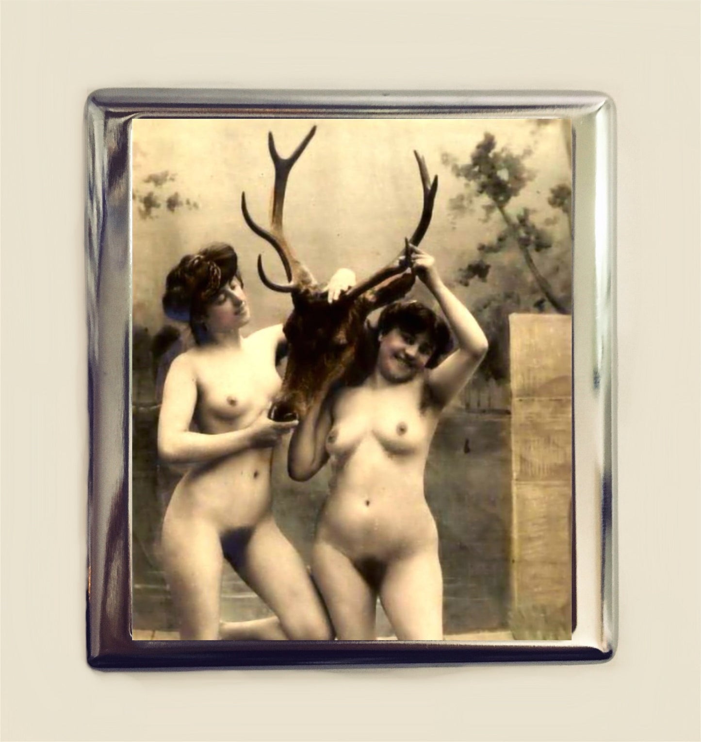 Art Nouveau Taxidermy Cigarette Case Business Card ID Holder Wallet Deer Head Nude Nudes Risque Stag Buck MATURE