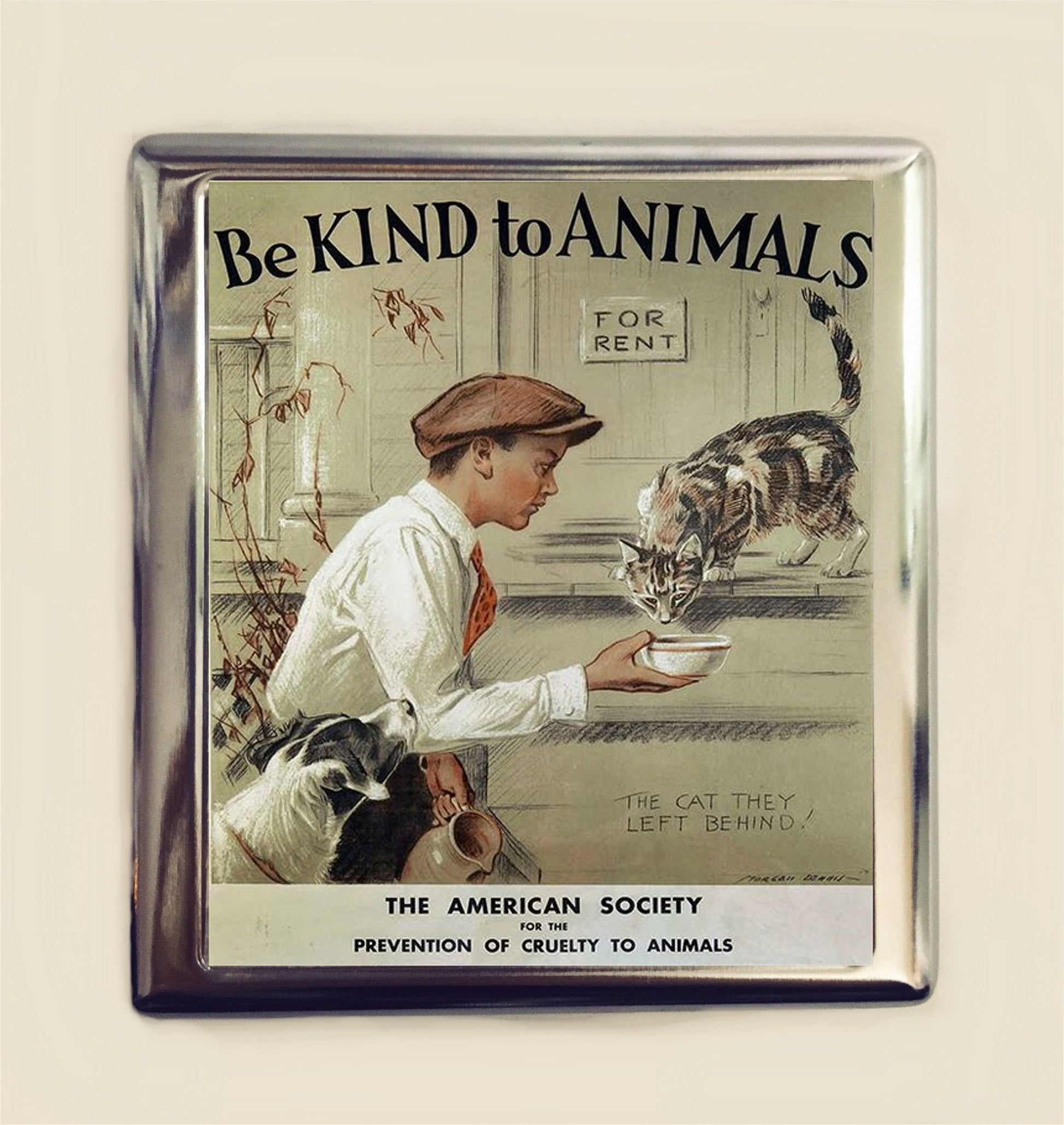 Be Kind to Animals Cigarette Case Business Card ID Holder Wallet Boy & Cat Animal Rights