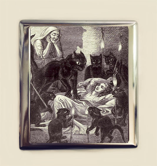 Black Cat Attack Cigarette Case Business Card ID Holder Wallet Vintage Illustration Goth Dark Art Storybook