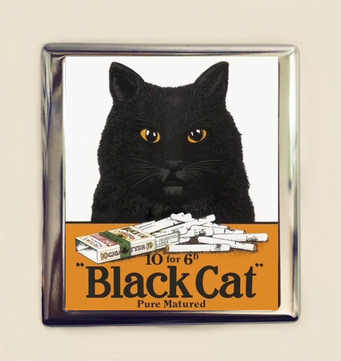 Black Cat Ad Cigarette Case Business Card ID Holder Wallet Retro Advertisement Vintage