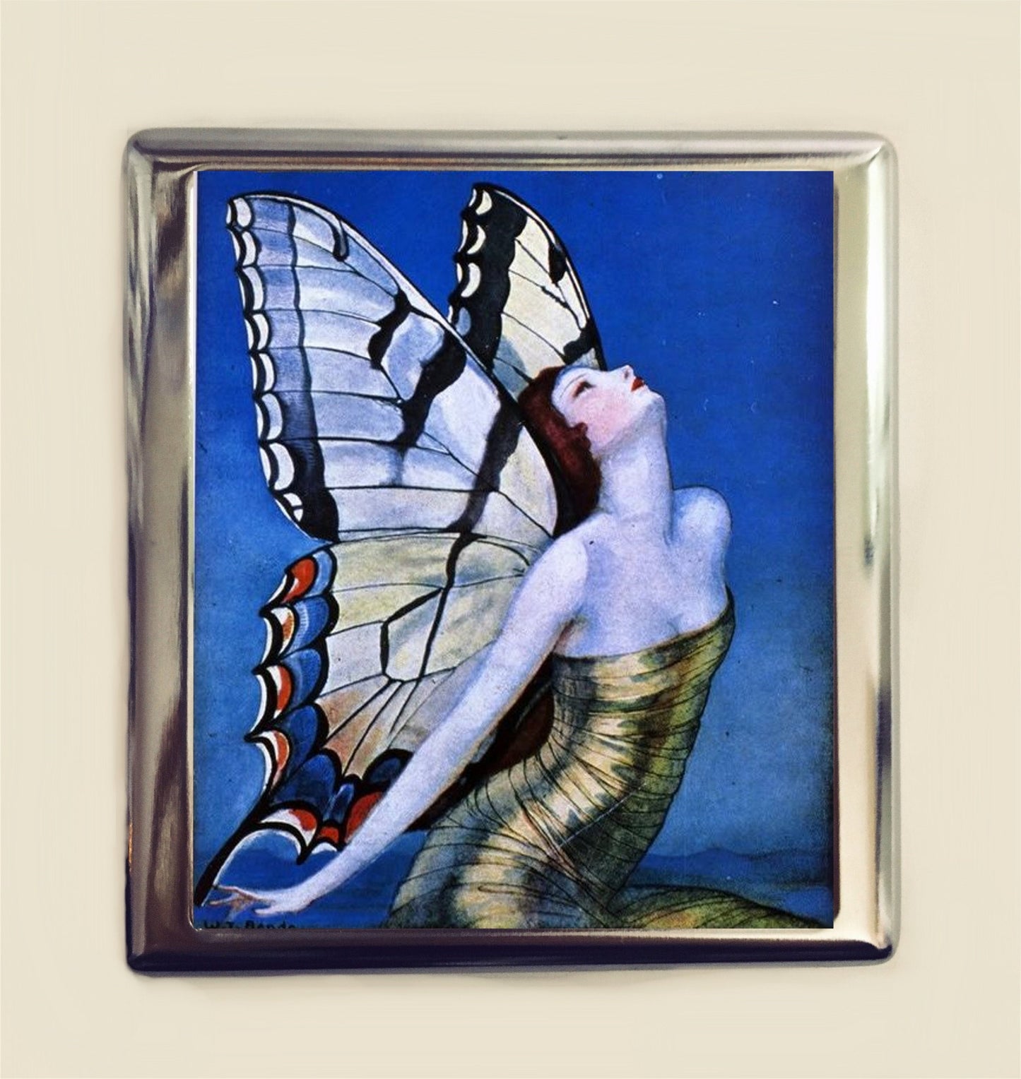 Flapper Butterfly Cigarette Case Business Card ID Holder Wallet Art Deco 1920s Jazz Age Butterflies Illustration